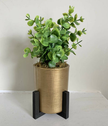 Eucalyptus (faux) - gold pot in black wood riser