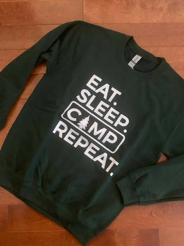 Adult Sweatshirts: Eat, Sleep, Camp Repeat in hunter green