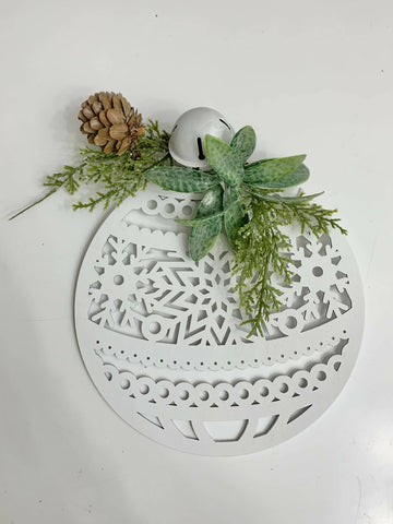 Painted Wood Ornament with winter greens & bell