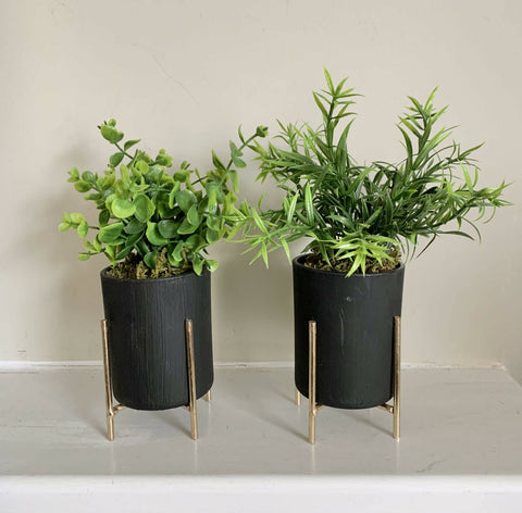 Greenery (faux) pots - black in gold metal risers