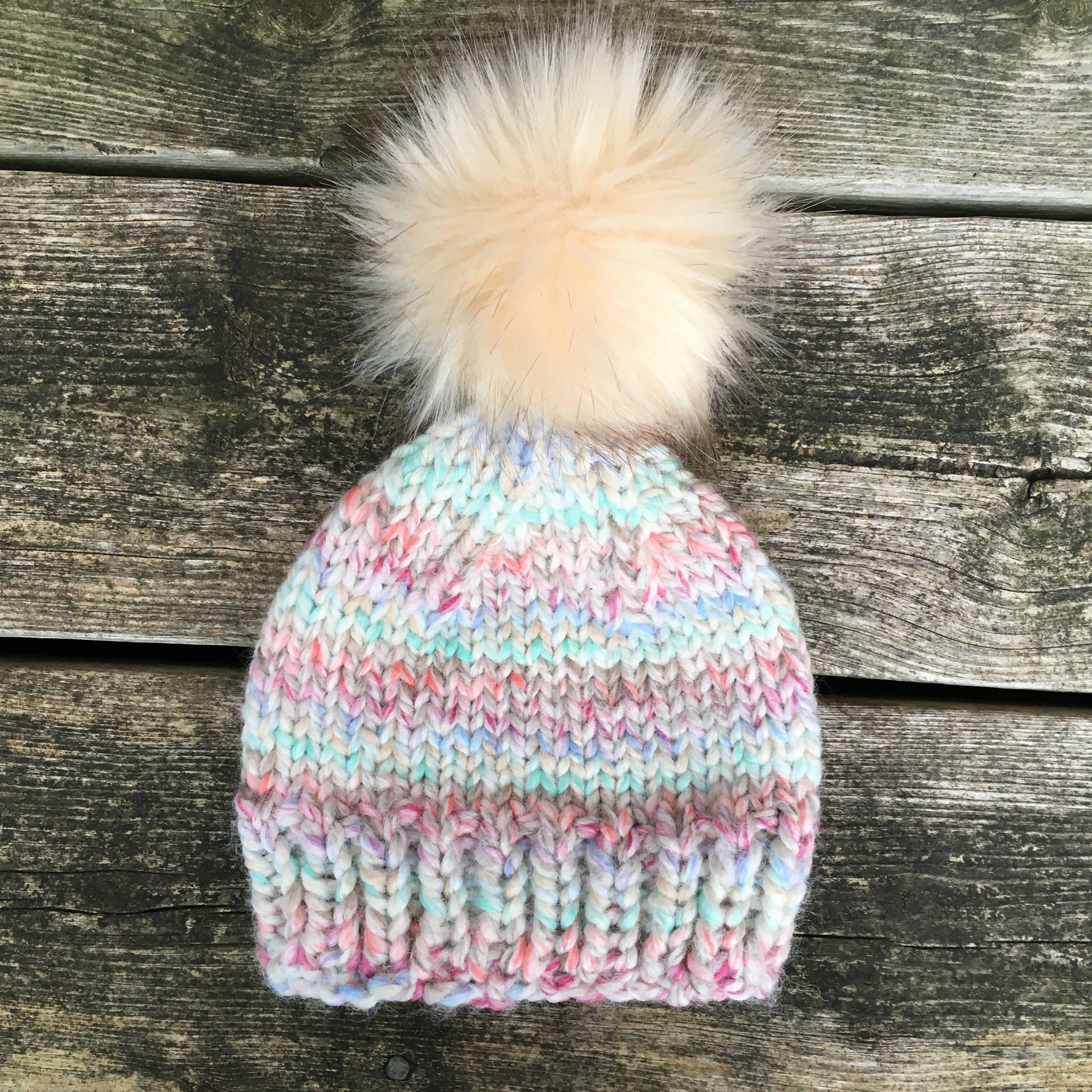 Washable wool blend hand knit hat with a removeable Pompom- Pink