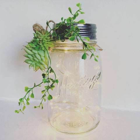 Heritage Glass Jar with Mini Lights, accented with succulents