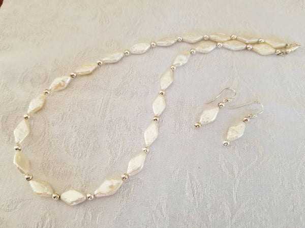 Diamond Shaped Fresh Water Pearl Necklace and Earrings