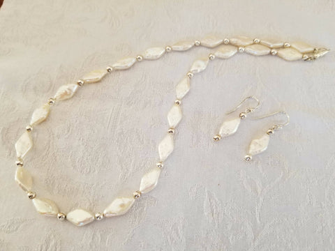 Diamond Shaped Fresh Water Pearl Necklace and Earrings