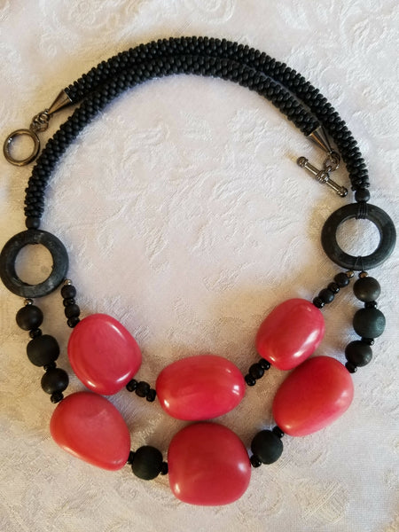 Black Kumihimo Necklace with Pink Tagua Nut Beads