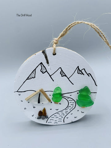 Camping by the mountain ornament